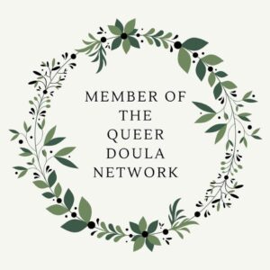 Member of The Queer Doula Network with green wreath