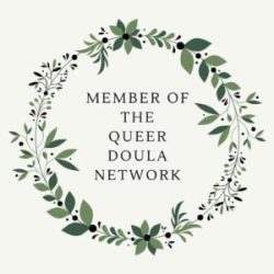 Member of The Queer Doula Network with green wreath